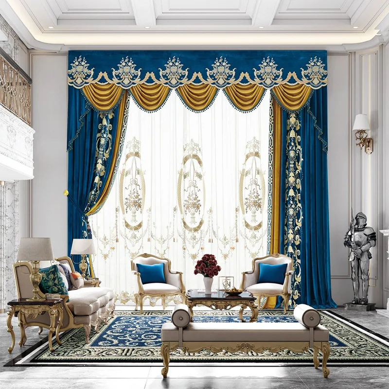 

Custom curtains European luxury villa living room high curtain velvet blue cloth blackout curtain valance tulle drape C905