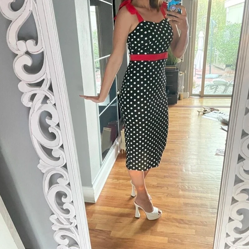 Elegant Lace Up Polka Dot Bodycon Dresses 2022 Summer New Sexy Sleeveless Dress Chic Casual Women Maxi Dresses High Quality