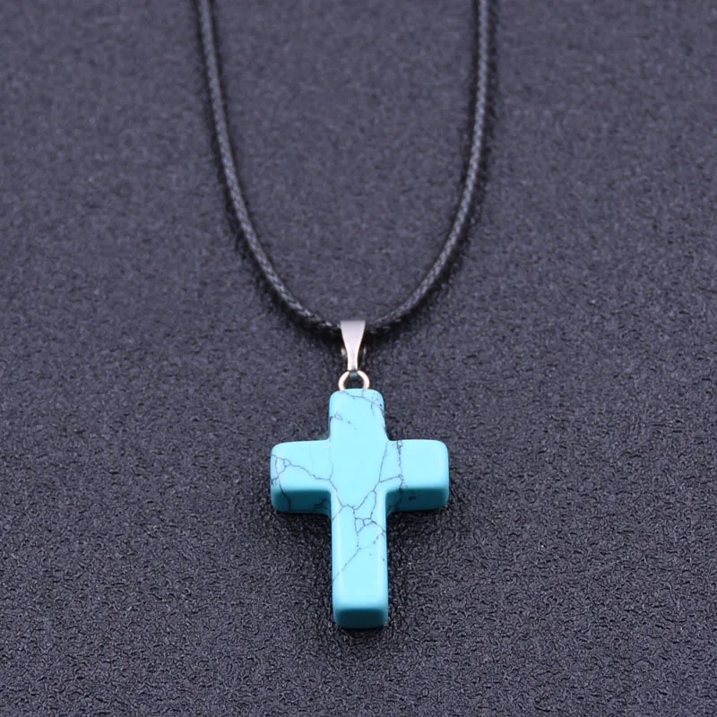 Tiny Natural Stone Turquoise Opal Cross Pendant Necklace With Stones Women Leahter Chain Choker Female Jewelry Party Girls Gift