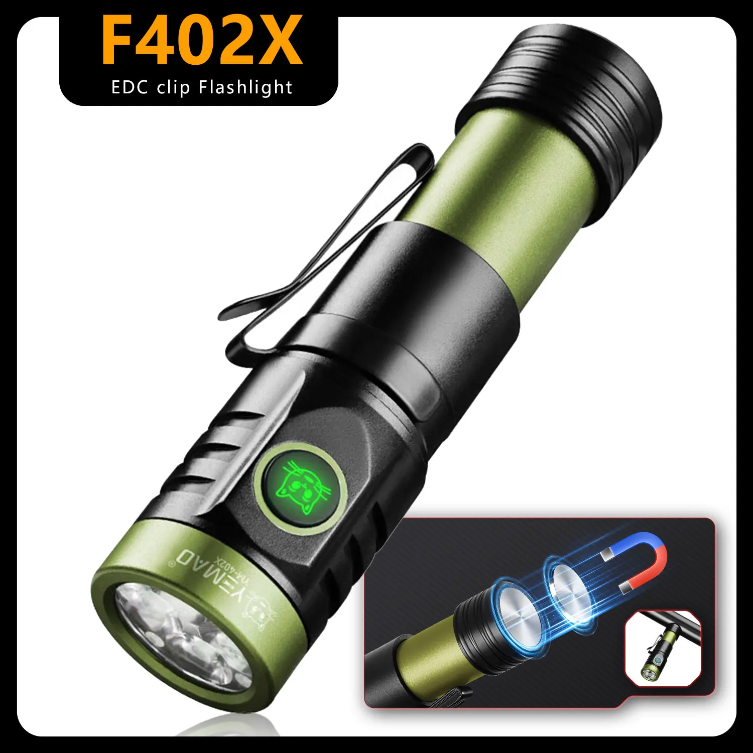 مصباح يدوي قابل لإعادة الشحن، متوافق مع 18650 و18350، مصباح يدوي LED فائق السطوع، شفط مغناطيسي، مع مشبك قلم