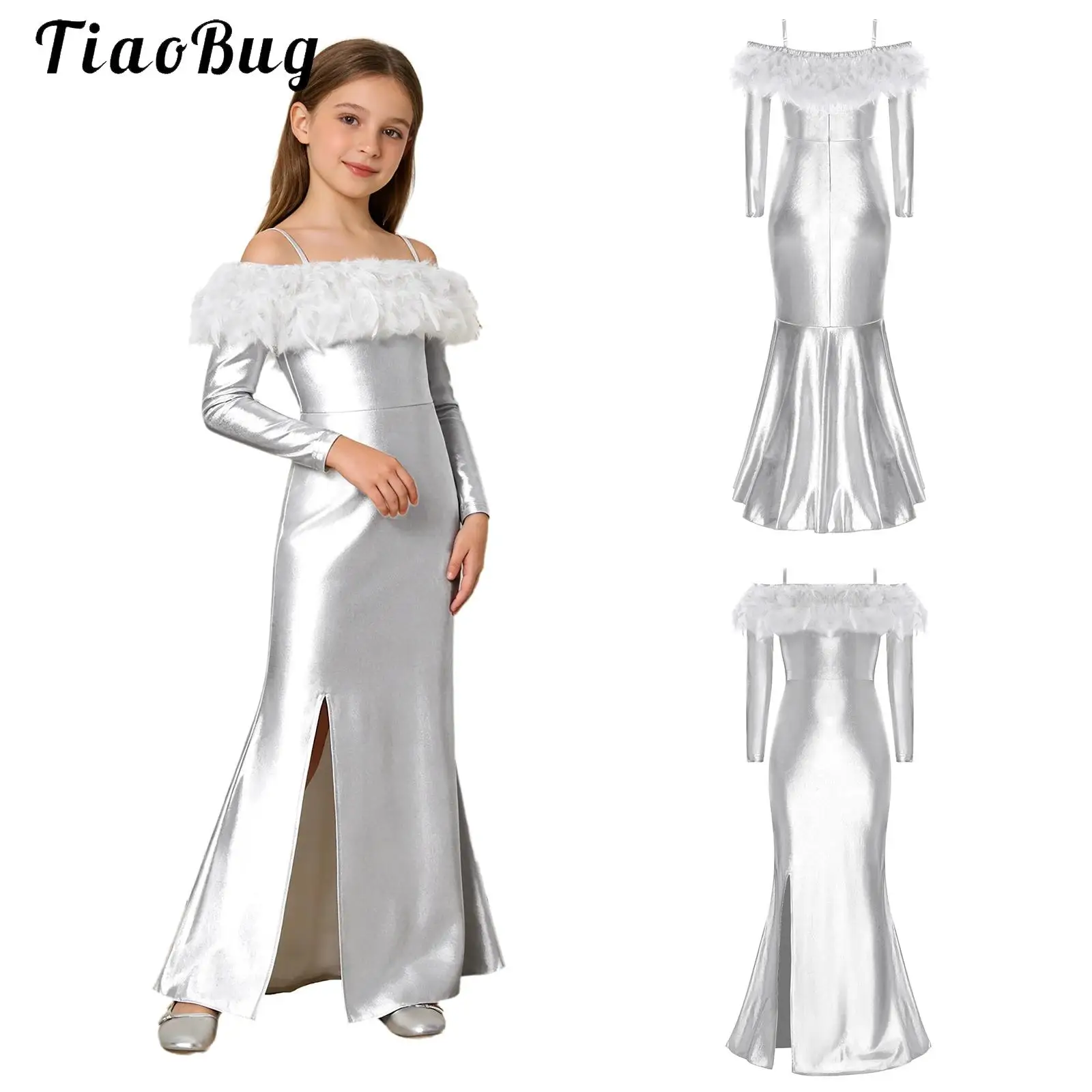 

Girls Elegant Party Dress Off Shoulder Feather Trim Mermaid Dress Metallic Shiny Long Dress Wedding Birthday Prom Pageant Gowns