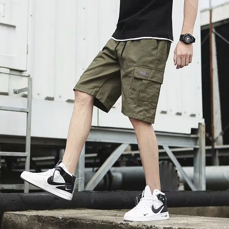 

new 2023 Summer Men's Shorts Fashion Solid Cargo Shorts Men's Clothing Lace Up Casual Pants Multiple Pockets Workwear