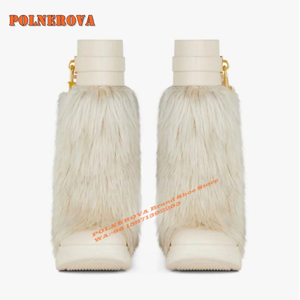 Furry Shark Lock Ankle Biker Boots Round Toe Thick Sole Sole Soft Warm Women's Snow Boots 2024 Winter New Style Casual Big Size