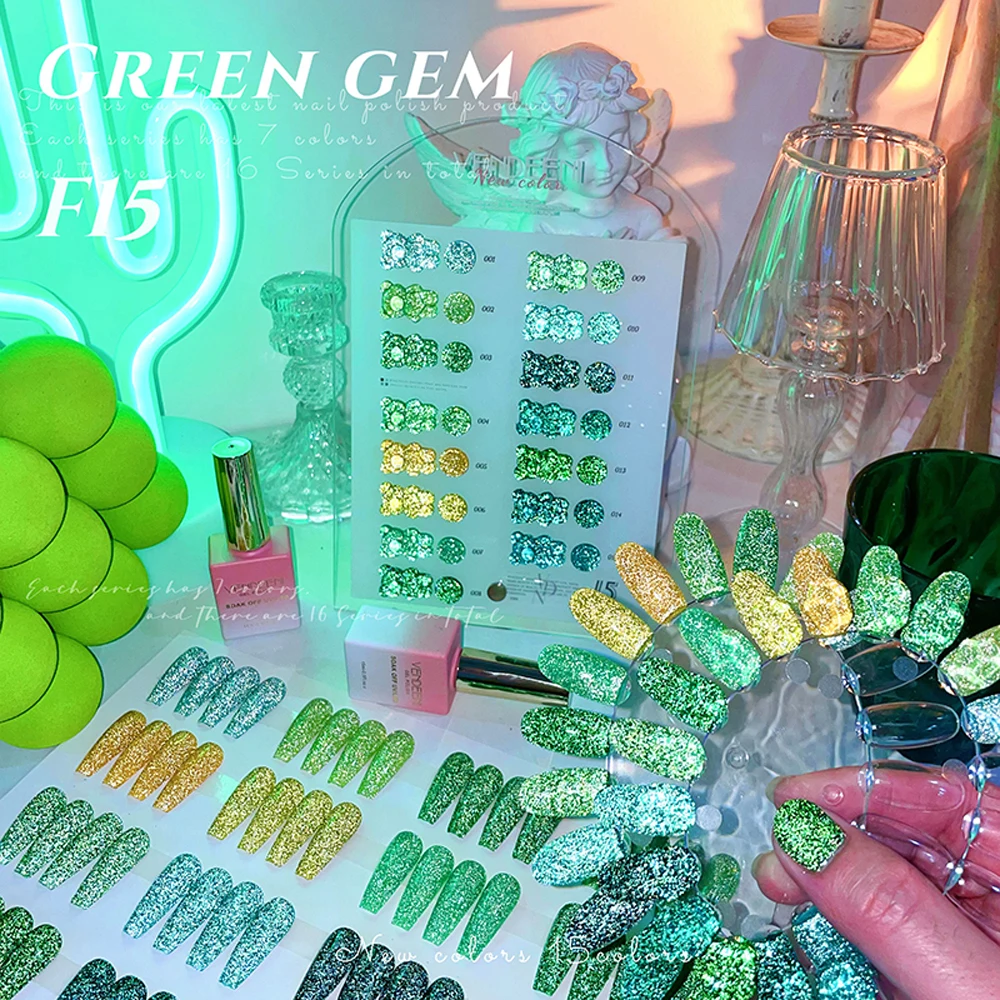 Vendeeni 15 cores esmeralda glitter quebrado diamante gel esmalte embeber fora uv led verde escuro reflexivo brilhante verniz