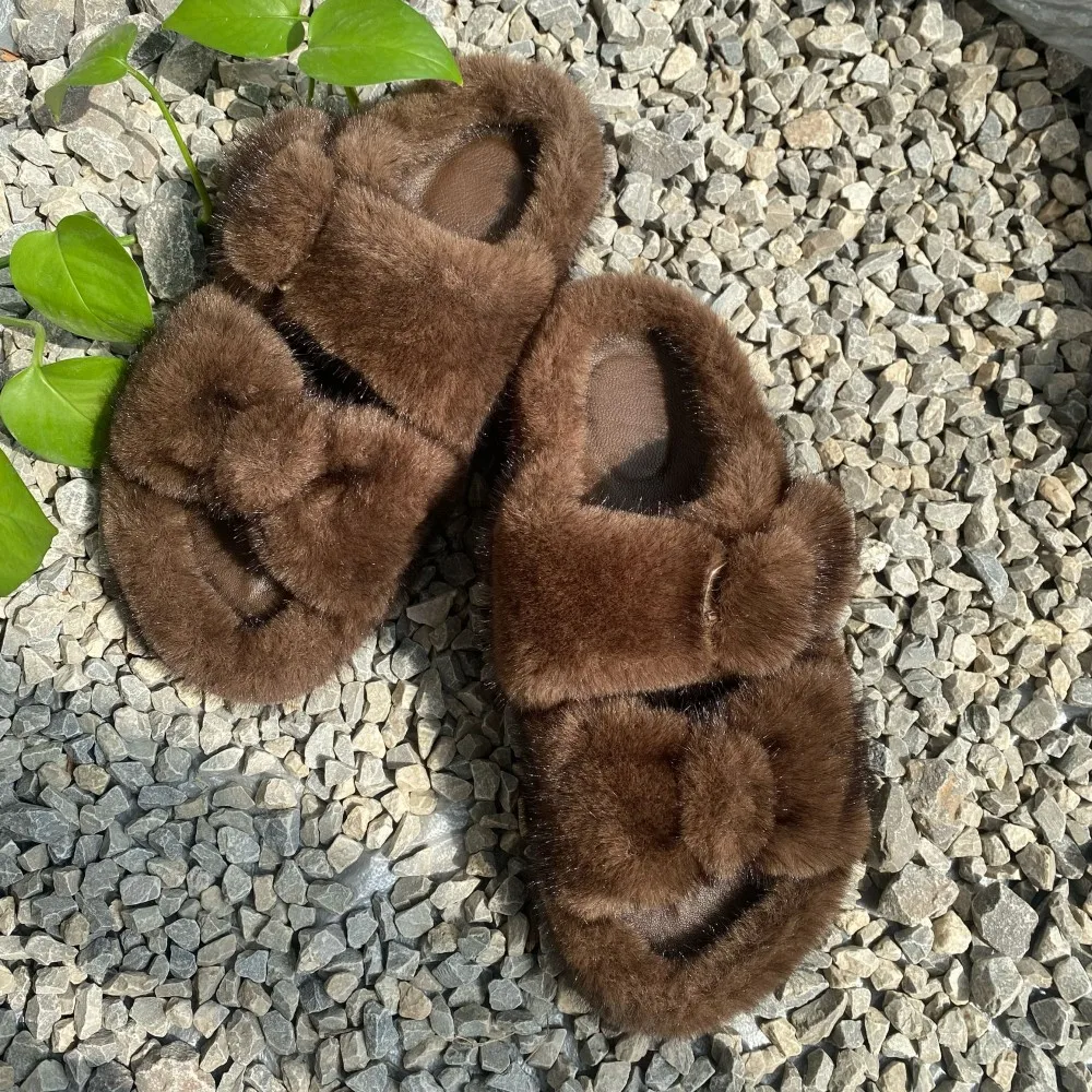 Flauschige Hausschuhe aus Kunstfell für Damen, mit verstellbarer Schleife, imitierende Nerz-Sandalen, flache Damensandalen, rutschfeste Sohle, Fell-Schuhe für Damen. – Detail 5