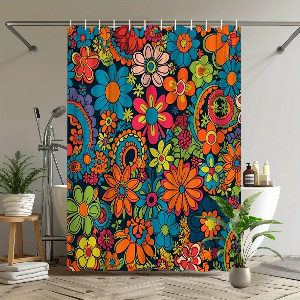 1pc Retro Psychedelic Floral Shower Curtain - Bold, Colorful Design with Swirling Patterns, 12 Hooks Included, 70.8x70.8 Inch, P