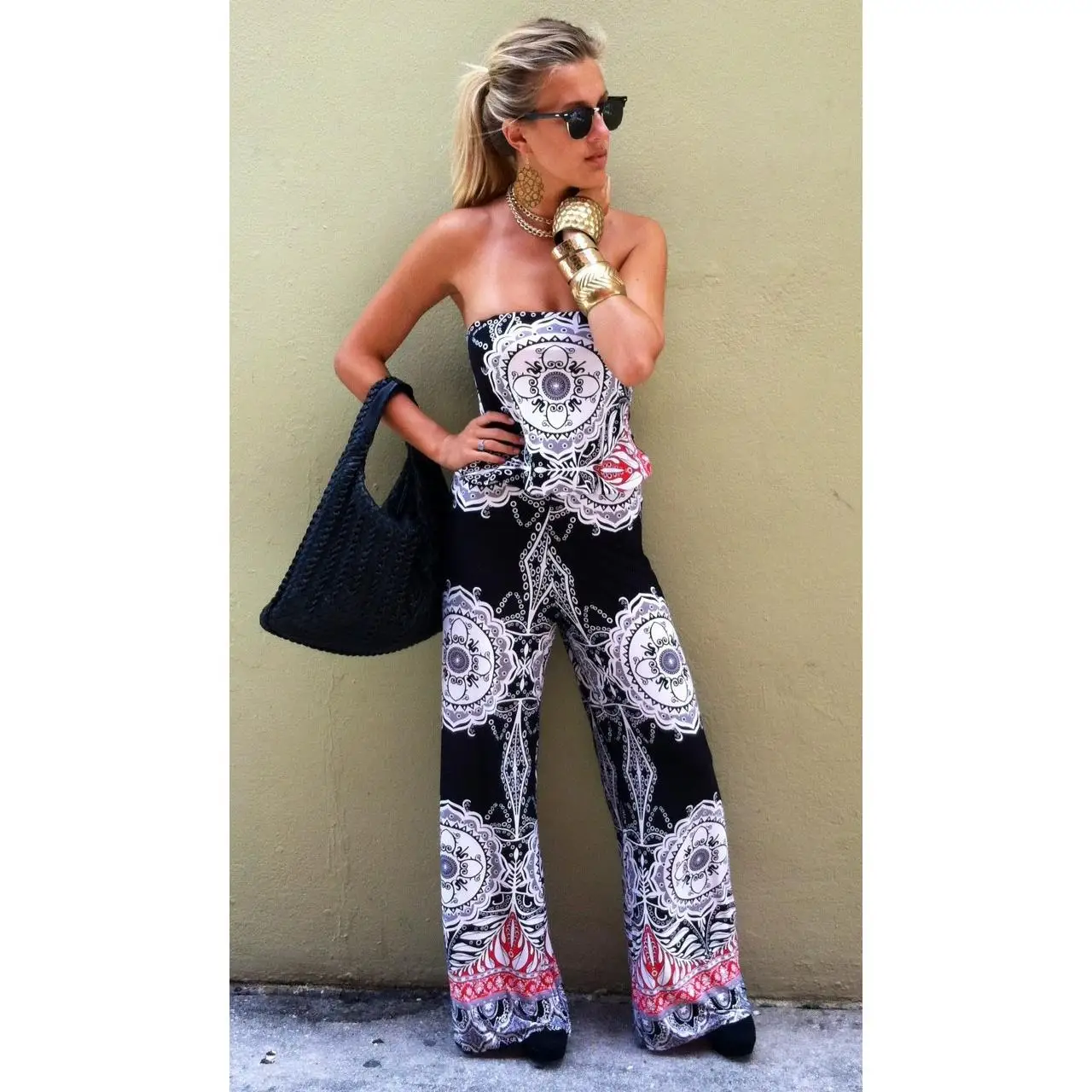 Sexy Bal wijde pijpen bedrukte jumpsuit casual broek voor dames polyestervezel l taille middelbare leeftijd dames Faion