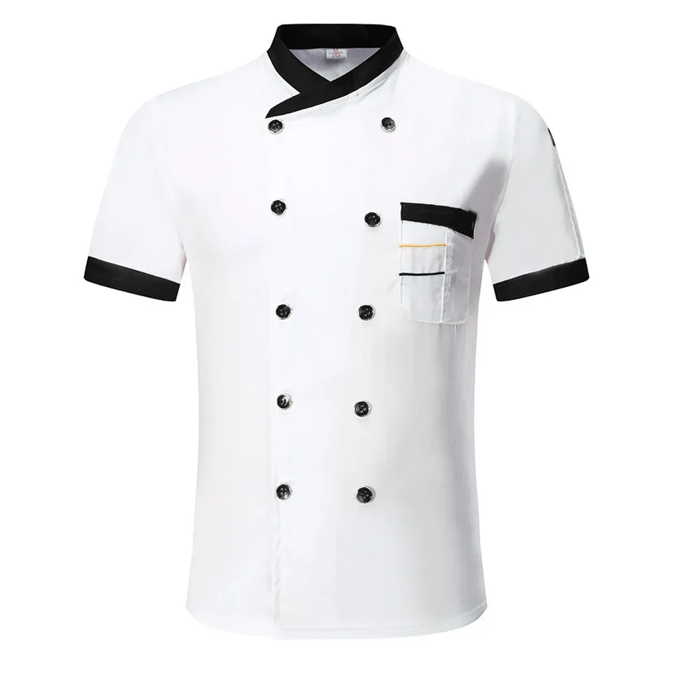 Uniforme de Chef de Hotel de cocina Unisex para hombre, camisa de manga corta de cocinero de servicio de comida de panadería, chaqueta de Chef de doble botonadura, ropa