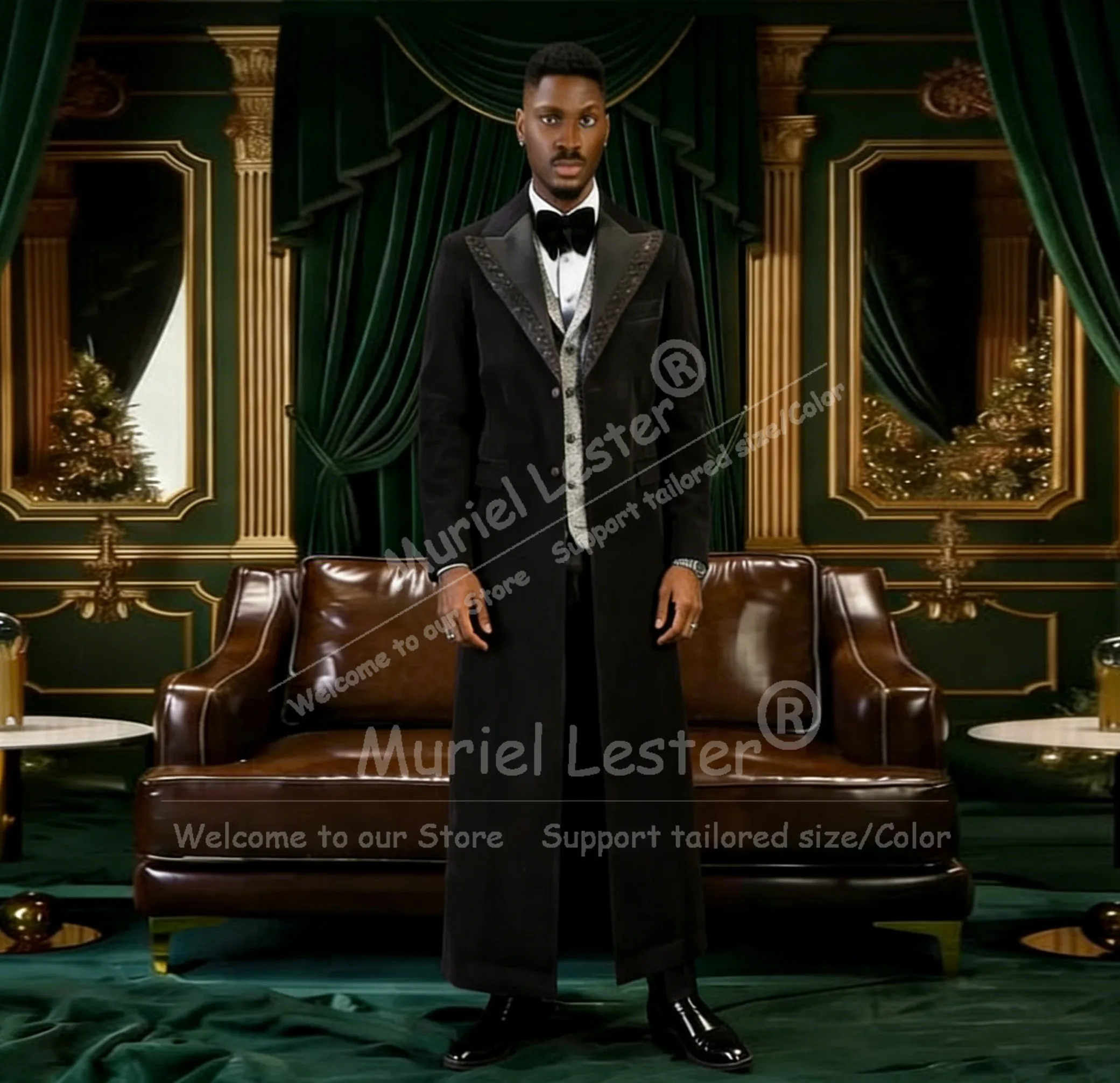 Exclusive Velvet Suit Men For Wedding Beading Label Prom Blazers Long Customized Formal Wear Groom Tuxedos Trajes Para Hombre