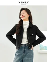 VIMLY Bright Silk Wool Blend Black Tweed Coats Winter Single Breasted Short Jacket for Women 2023 Fashion Straight-cut Outerwear