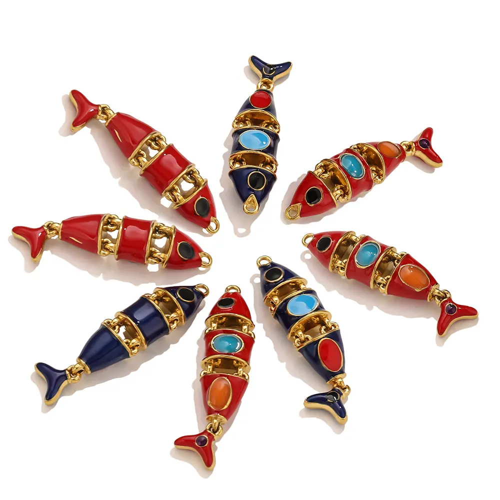 1pcs Stainless Steel Red Blue Enamel Animal Fish Charm 18K Gold Plated for DIY Necklace Earring Jewelry Making Supplies Findings