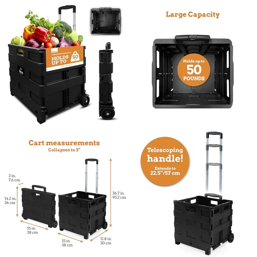 

Ultra-Slim Rolling Collapsible Storage Pack-N-Roll Utility-carts, with Telescopic Handle, for Home, Garden, Shopping, Office, S