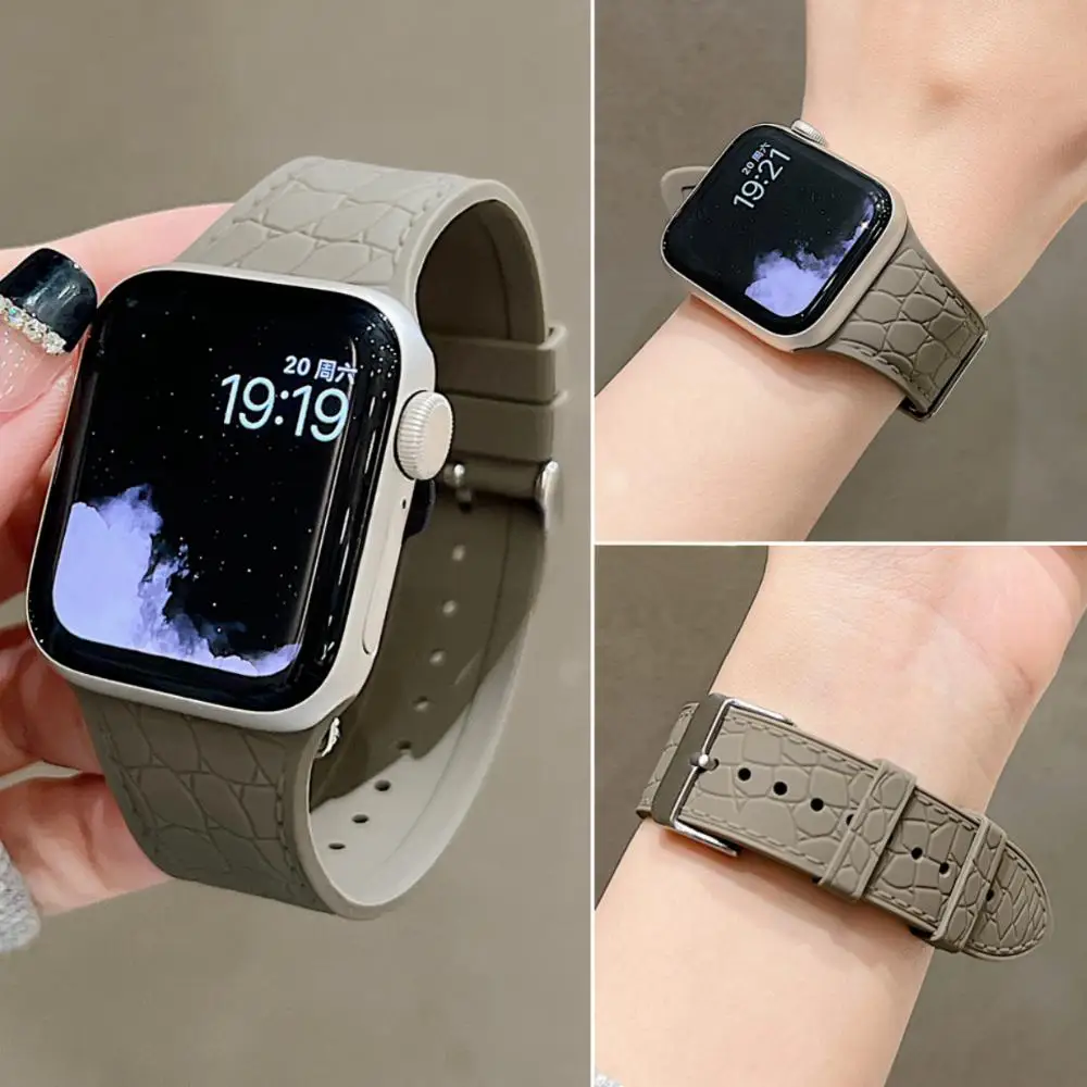 Lychee pattern silicone Strap for Apple watch Bands Ultra2 40mm 44 46 45 49 42 41 mm correa Bracelet iWatch Series 10 SE 9 8 7 6