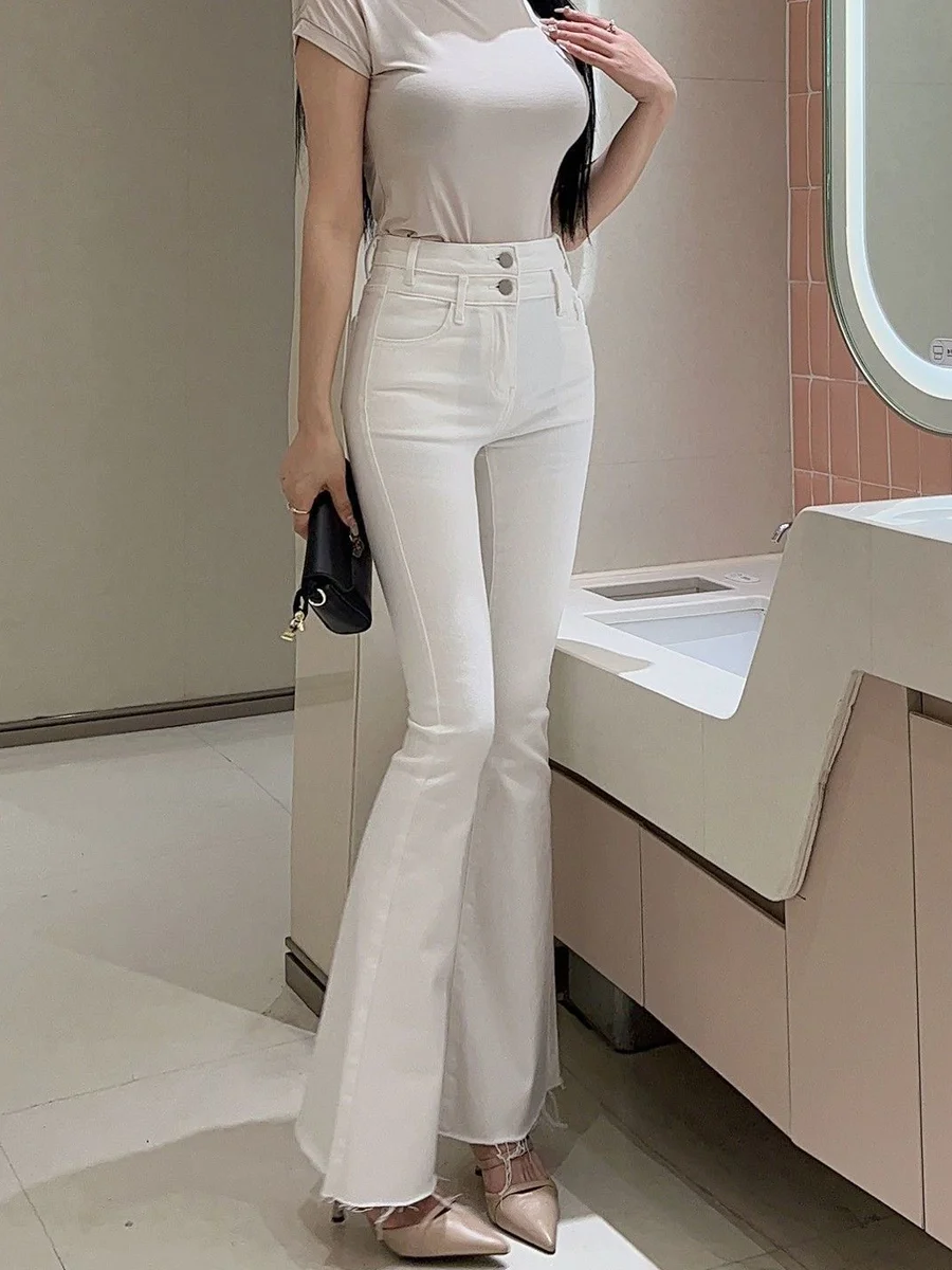 High Waist Flared Jeans Women's Slim Fit Double Buckle White Butt Enhancing Micro Flare Long Pants Winter Season Fashion