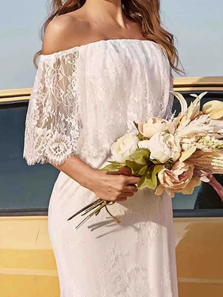Boho Lace Mermaid Wedding Dresses Off Shoulder Half Flare Sleeves Sweep Train Beach Bridal Gown Plus Size vestido de novia