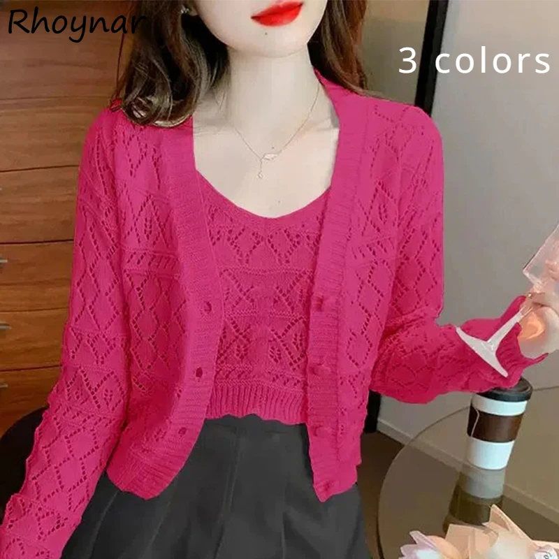 Autumn Knitted Women Set Cardigans Camis Hollow Out Vintage Korean Elegant  Knitwear Single Breasted Tender All-match Daily Ins