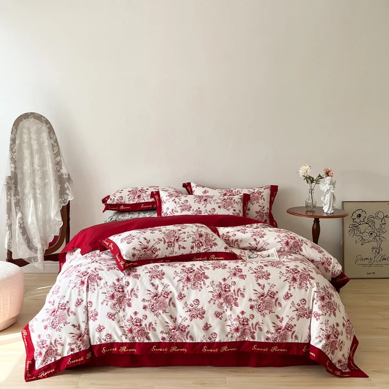 Red Rose Print Bedding Set 4pcs Polyester/Cotton Embroidered Solid Duvet Cover Bedspread Sheet Pillow Shams Queen King Size