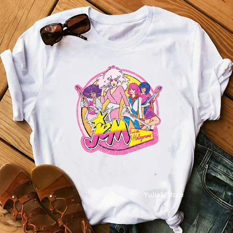 Jem i hologramy T Shirt damska moda Hipster topy hip-hopowe koszulki letnie Streetwear urocze ubrania dla fanów lat 80. 90.