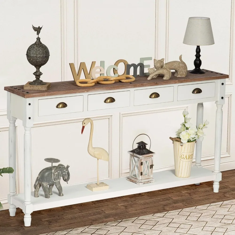 

Wnutrees Farmhouse Console Table with 4 Drawers, 60 Long Narrow Boho Sofa Foyer Table with Large Storage Space, Solid Wood Frame