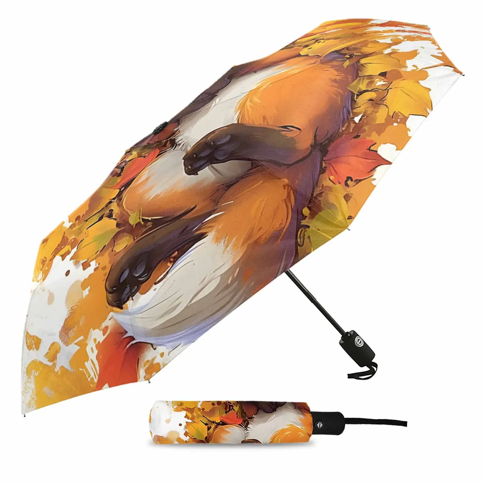 Autumn Leaf Cartoon Animal Fox Automatic Umbrella Portable Folding Sunny and Rainy Umbrella Women Parasol Umbrella