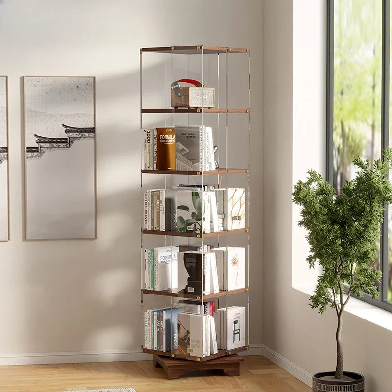 Creative solid wood rotating bookshelves, transparent acrylic floor shelves, living room study corners, storage bookcases