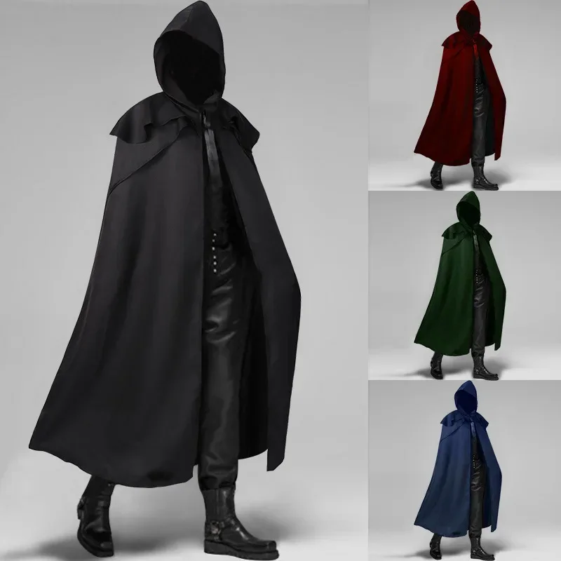 Black Men Cloak Hooded Medieval Monk Costume Solid Windproof Mens Trench Coat Gothic Wicca Wizard Cape Halloween Death Mantles