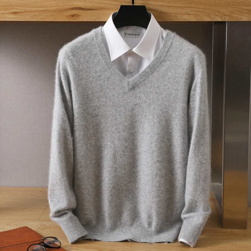 Men's V-Neck Mink Cashmere Sweater Casual Knit Pullover