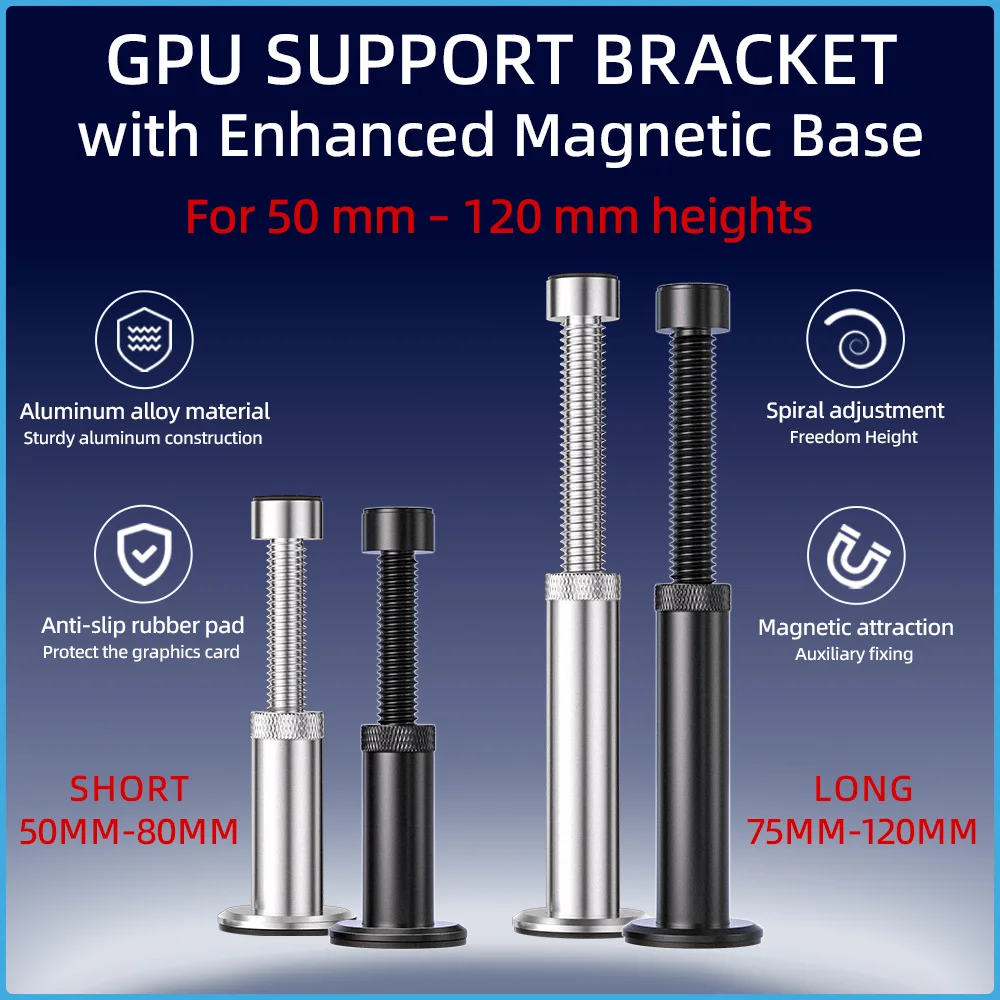 GPU Support Bracket with Enhanced Magnetic Base, Aluminum Alloy Graphics Card Holder Anti Sag, Adjustable 50-120mm for ATX ITX
