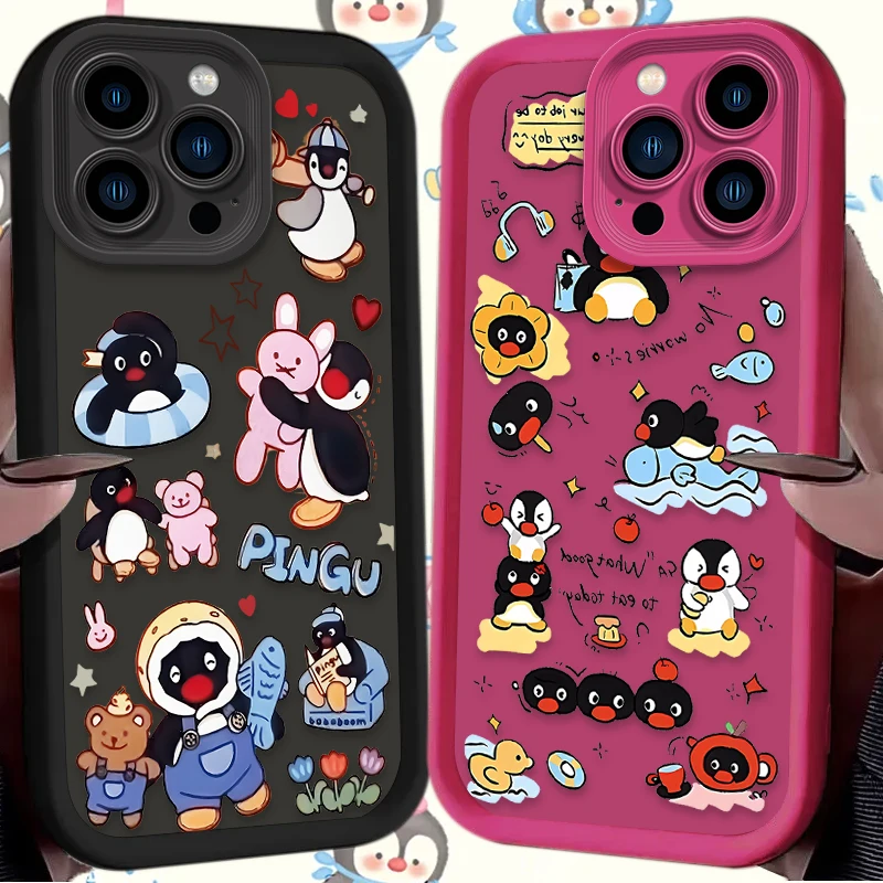 Silicone Case For iPhone 16 15 14 13 11 12 Pro Max X XS X S Max XR SE 2020 7 8 Plus iphone16 Cute Cartoon Penguin Pingu Etui