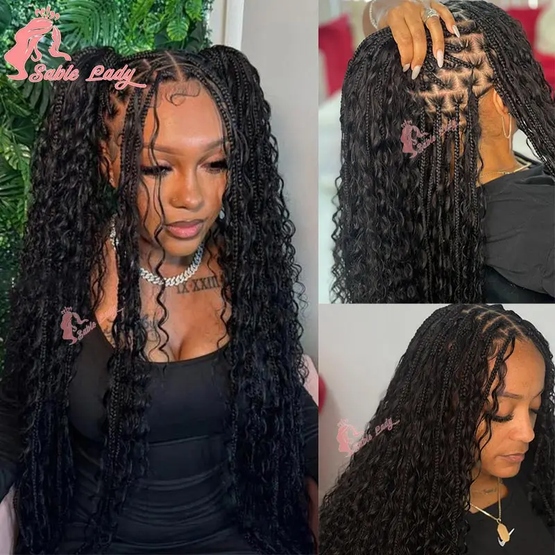 Synthetic Boho Box Braided Wigs Full Lace Front Wigs with Curly Goddess Locs Cornrows Wigs Pre Plucked Box Braids Wig 32inch