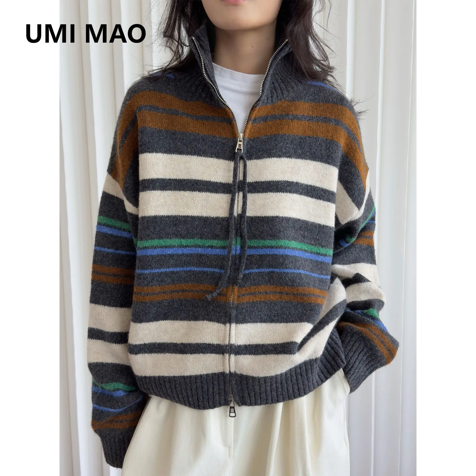 UMI MAO Winter New Korean Style Color-Block Striped Stand Collar Wool Sweater Cardigan Soft Skin-Friendly Women's Top