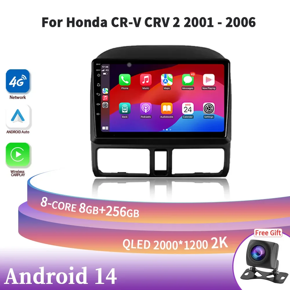 For Honda CR-V CRV 2 2001-2006 Android 14 Car Radio Multimedia Navigation Wireless Carplay Stereo Head Unit Screen GPS 4G 2DIN