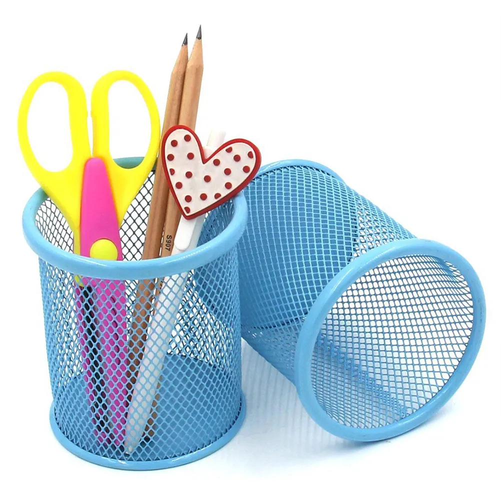 2pcs 3.5 Inch Round Mesh Steel Pencil Holder, Blue Metal Pen Container, Durable Ventilated Desk Organizer for Office Home School