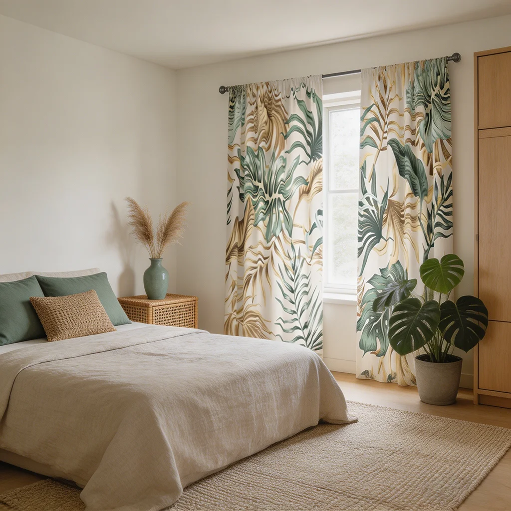 2 khaki tropical leaf pattern printed curtains with pole bag design, suitable for bedrooms and living rooms, 100% polyester