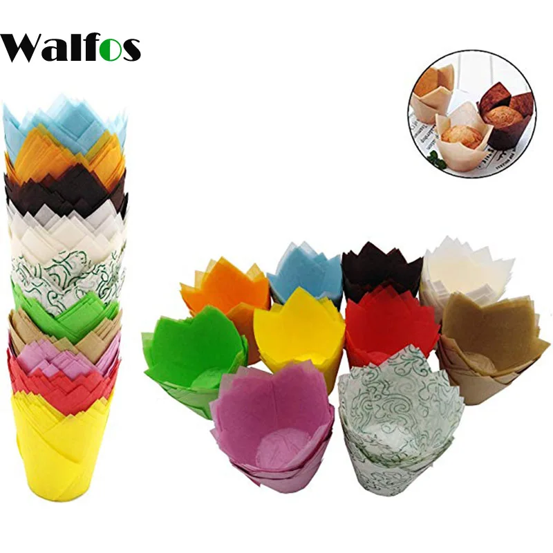 WALFOS 50Pcs/Pack Paper Cupcake Liner Mold Tulip Flower Chocolate Cupcake Wrapper Baking Muffin Liner Holder Wedding Party