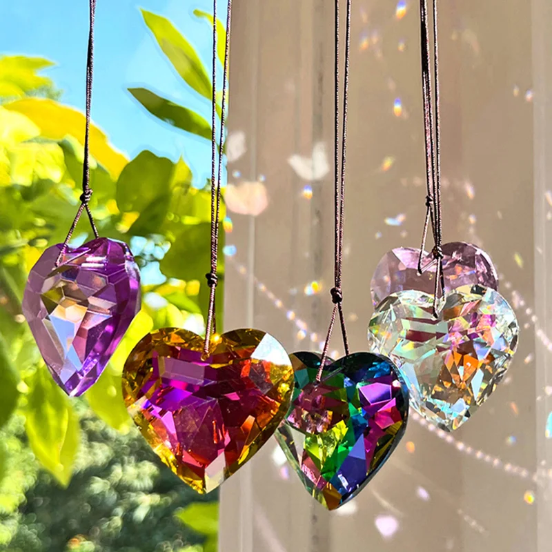 Sun Catcher Outdoor Wind Chimes Hanging Decor Heart Shape Artificial Crystal Rainbow Hanging Decor Outdoor Garden Decor Kid Gift