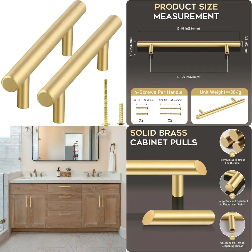 

Solid Brass Cabinet Handles, 2-Pack, Gold Finish, Modern Kitchen Hardware, 15.12-Inch Length, Suitable for Modern Cabinet Design