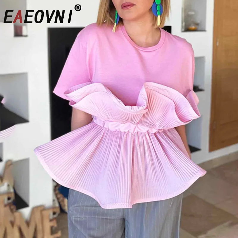 

EAEOVNI Summer Fashion T-shirt For Women 3D Folds Ruffles Patchwork Design Short Sleeve Tops Casual 2025 New Clothing