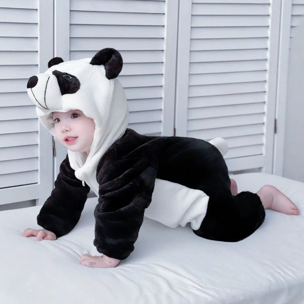 NEW Halloween Theme One-Piece Pajamas Soft Warm Tiger Panda Newborn Outfit Set Flannel Hooded Onesie Party Decor