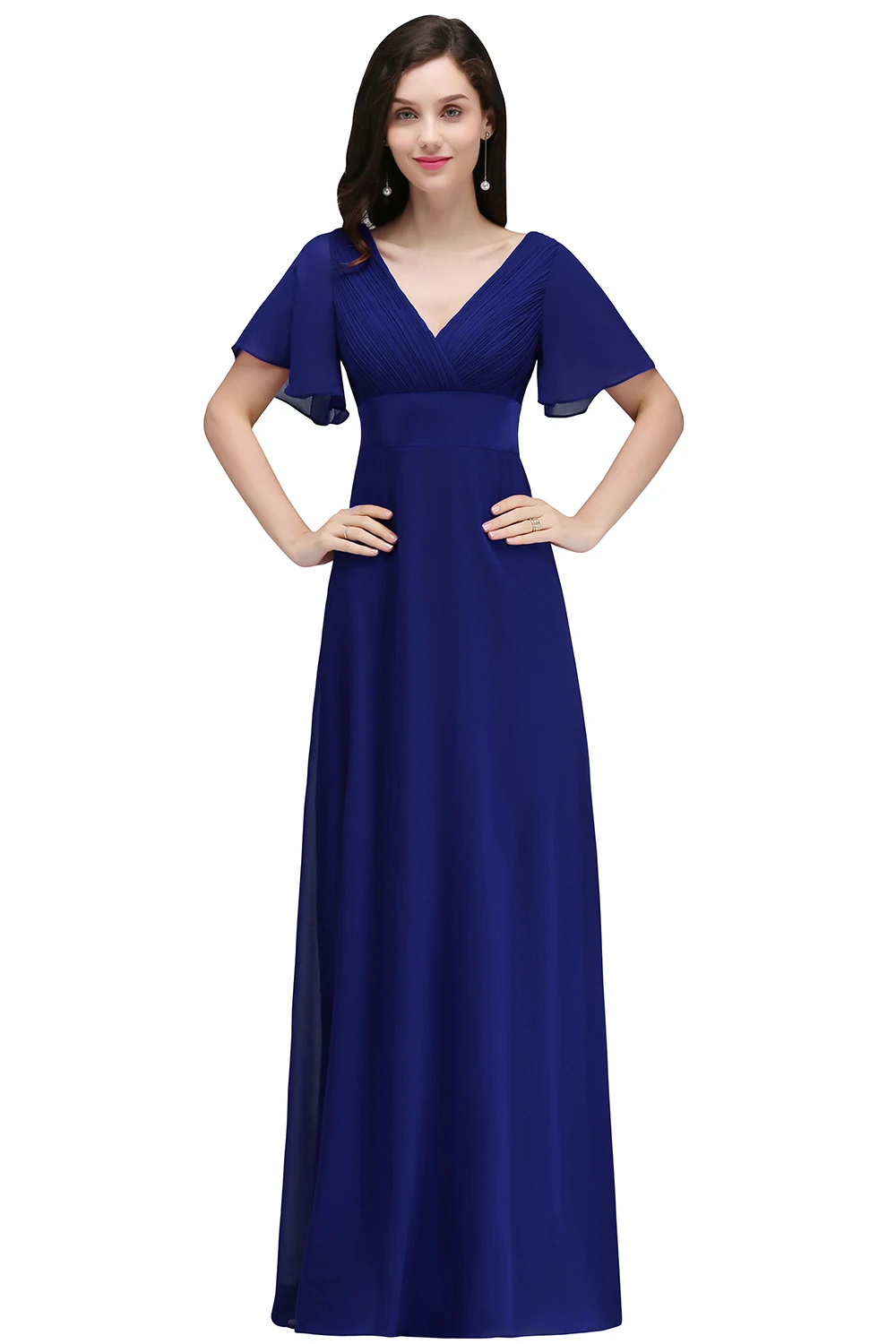 Navy Blue Evening Dresses Elegant V Neck Ruffles Chiffon Ruched Formal Party Prom Gowns Vestidos De Fiesta Wedding Bridesmaid