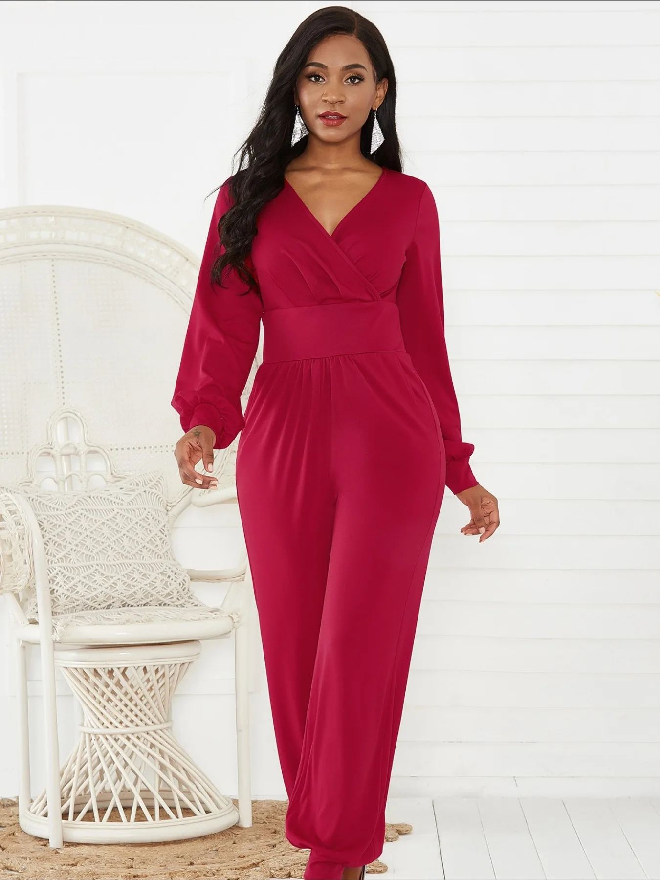 Solid Color Womens Fashion Jumpsuit Crisscross V Neck Lantern Long Sleeve Jogger Bottom For Beauty Skincare Clinic Work Attire