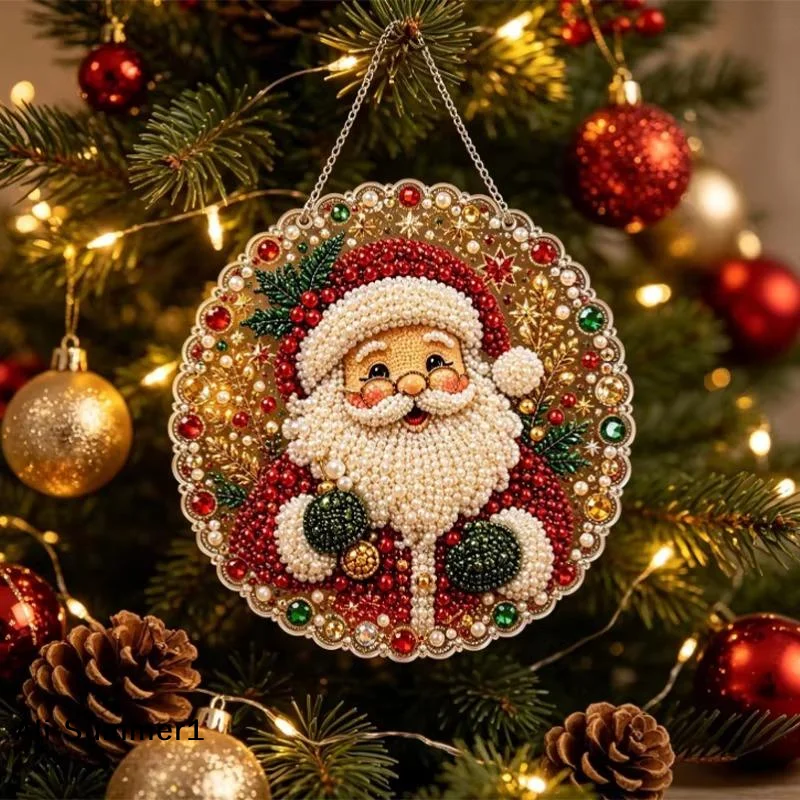 【E】1 Set Metal Chain 3D Mixed-sized Pearl Beads Craft Christmas Pearl Rhinestone Painting Suncatcher Kit DIY Craft Festive Decor