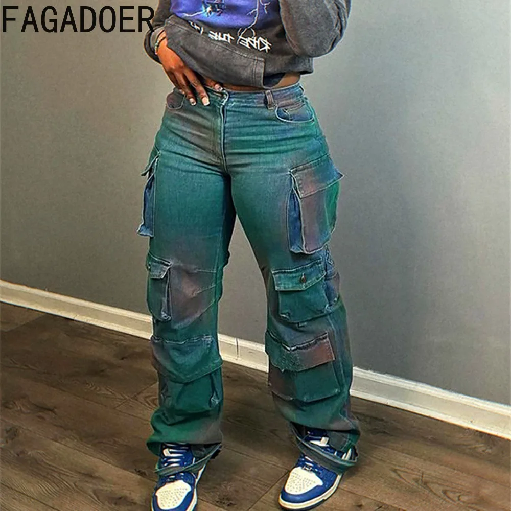 

FAGADOER Fashion Tie Dye Print Pocket Denim Cargo Pants Women High Waisted Button Straight Trousers Casual Female Cowboy Bottoms