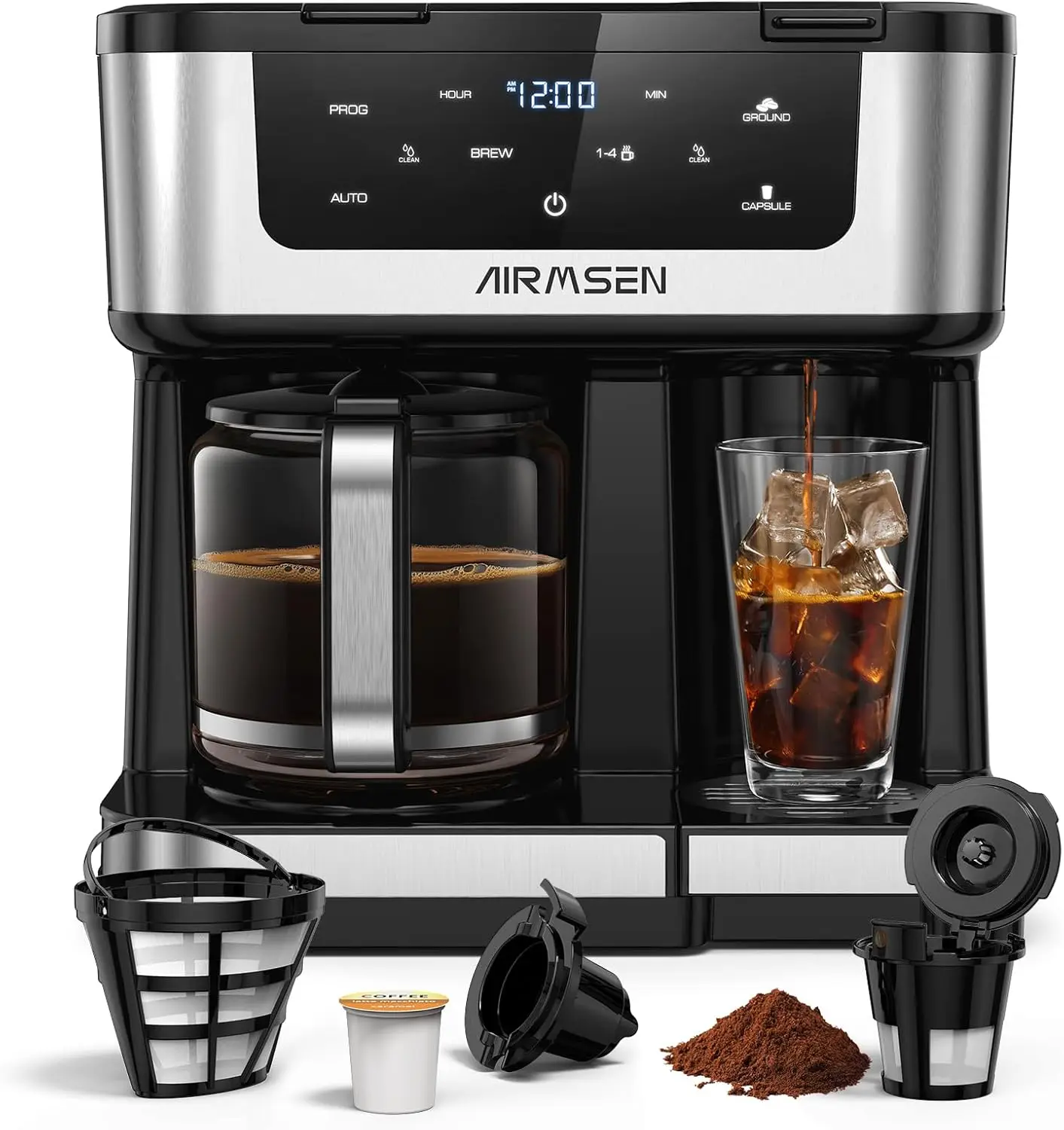 Programmable Dual Coffee Maker with 12-Cup Capacity & Single-Serve Function – Compatible with K-Cup Pods and Ground Coffee, 1000