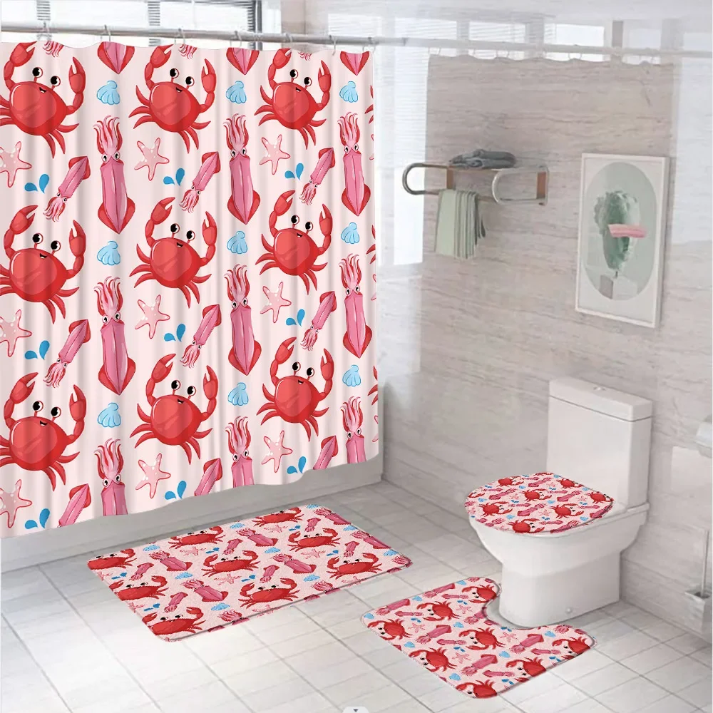 Nautical Octopus Shower Curtain Set Coastal Black White Marine Animal Kids Bathroom Screen Non Slip Rugs Toilet Cover Bath Mat