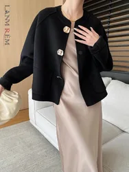 [LANMREM] Office Lady Wool Coat For Womrn Round Neck Single Breasted Long Sleeve Fit Loose Jackets 2024 Autumn New 26C186