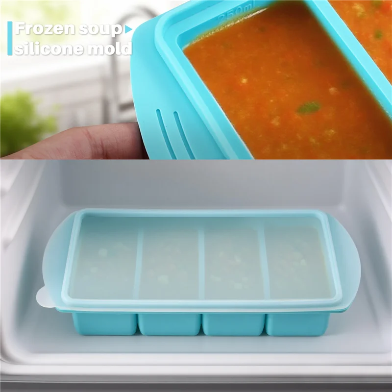 قوالب طعام للفريزر من السيليكون مع صينية مكعبات ثلج بغطاء، حاوية فريزر، تجميد وتخزين الحساء 2 قطعة #6