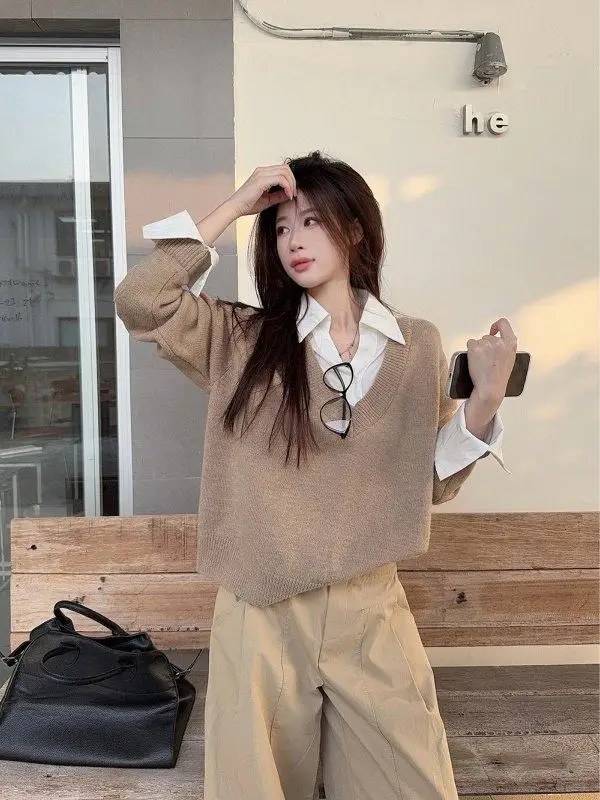 

Корейский вязаный свитер в стиле оверсайз для женщин, с цветовыми блоками, повседневный, модный, весенне-осенний, удобный, дышащий топ