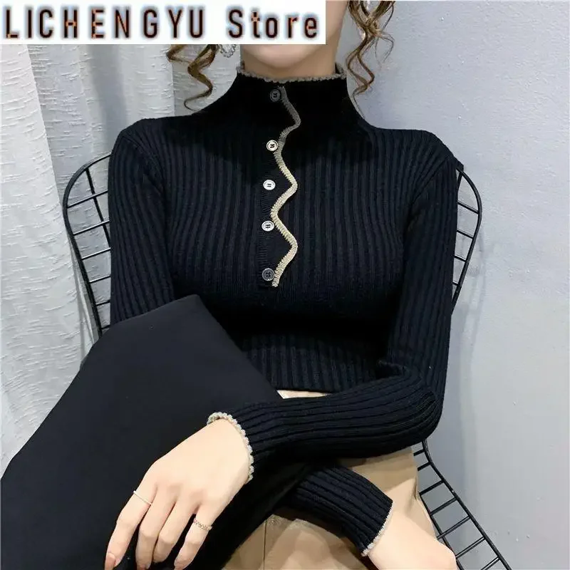 Autumn and Winter Women's Solid Half High Collar Long Sleeve Slim Knitted Sweaters Jumpers Button All-match Fashion Casual Tops 2