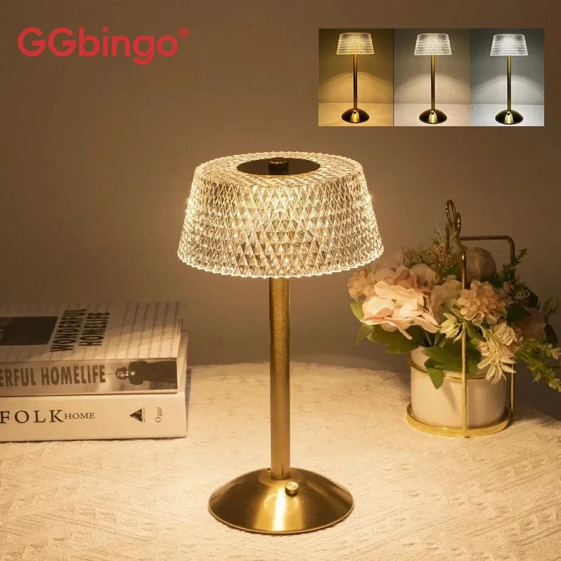 Clássico led sem fio candeeiro de mesa usb recarregável luz da noite café barra toque escurecimento lâmpada quarto decoração candeeiros de mesa cristal